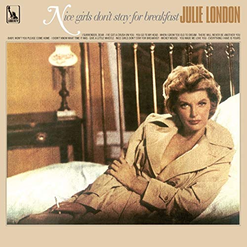 The image depicts a CD cover for Julie London's "Nice Girls Don't Stay for Breakfast". Alt text: Woman in beige robe lounging on a bed, vintage-style album cover.