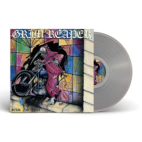 Grim Reaper album cover with a skeletal figure on a motorcycle, vinyl record.