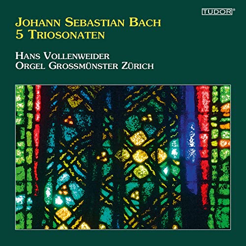 CD cover for Bach triosonatas performed by Hans Vollenweider, stained glass.