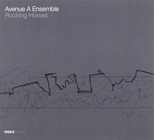"Album cover with abstract line drawing on gray background, titled 'Rocking Horses'."