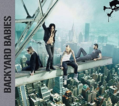 Backyard Babies band members posing on a steel beam over a city.