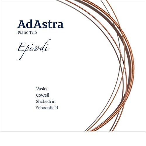 "CD cover with white background, curved copper strings, and black text listing composers."