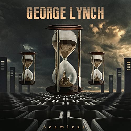 "Album cover featuring three hourglasses with a maze and cityscape."