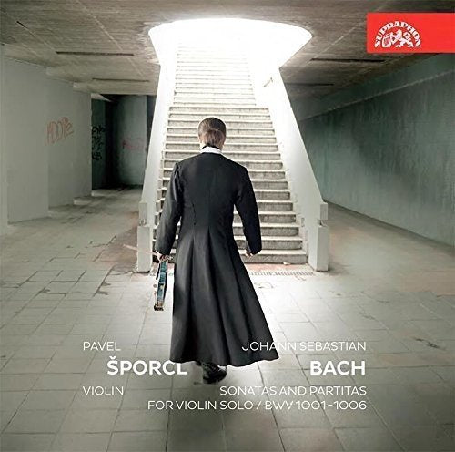A man in a long black coat walks up a staircase, holding a violin case.