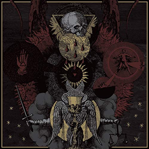 Dark album cover with esoteric symbols, skulls, and winged figures in red, black, and gold.