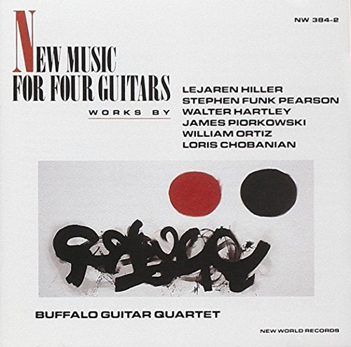"Album cover with white background, red and black text, and abstract design featuring red and black circles."