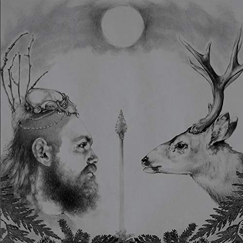 Black and white drawing of a man and deer facing each other.