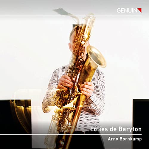 Man playing a large, golden baritone saxophone, album cover.