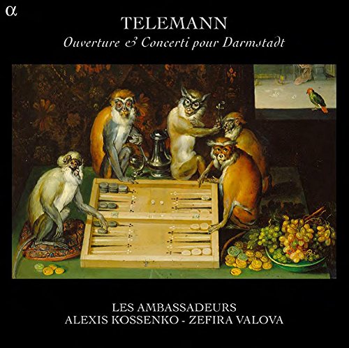 "CD cover featuring a painting of monkeys playing backgammon, surrounded by fruit and coins."