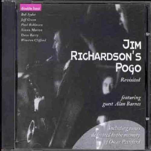 Black and white CD cover with musicians and text "Jim Richardson's Pogo Revisited".