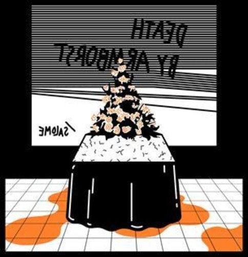 Black and white illustration of flowers on a table with spilled liquid.