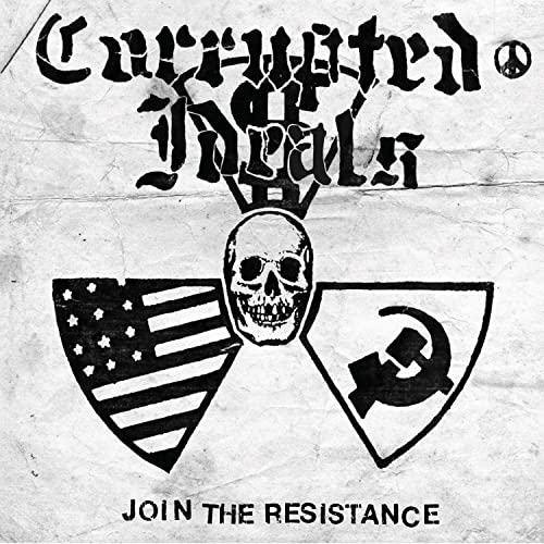 Album cover: skull with US flag and hammer & sickle shields.