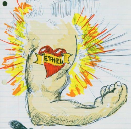 A sketch of a hand holding a red heart with "Ethel" on a banner.