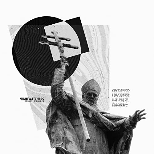 CD cover: statue of a bishop with a cross, abstract black and white design.
