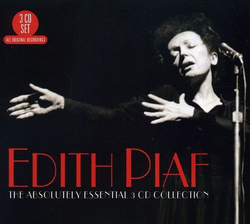 Black and white image of Edith Piaf singing into a microphone, text overlay.