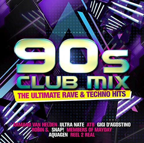 CD cover for “90s Club Mix” with large white “90s” text and neon graphics.