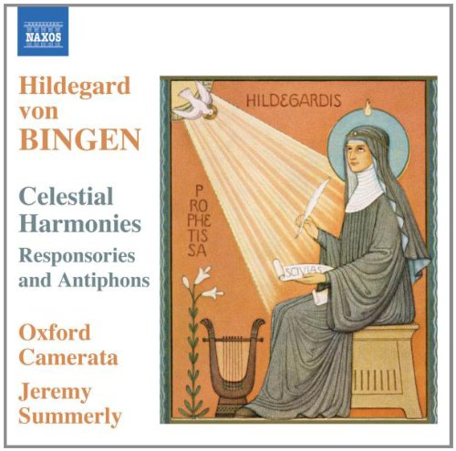 CD cover featuring Hildegard von Bingen with a halo, holding a manuscript and quill.
