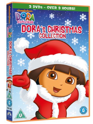 "DVD case featuring Dora the Explorer dressed as Santa Claus against a snowy background."