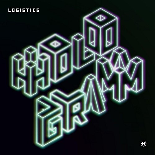 The image depicts a black square with "HOLOGRAM" written in 3D neon green letters.