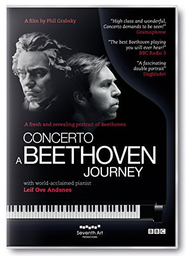 DVD cover with Beethoven portraits and piano keys on a black background.