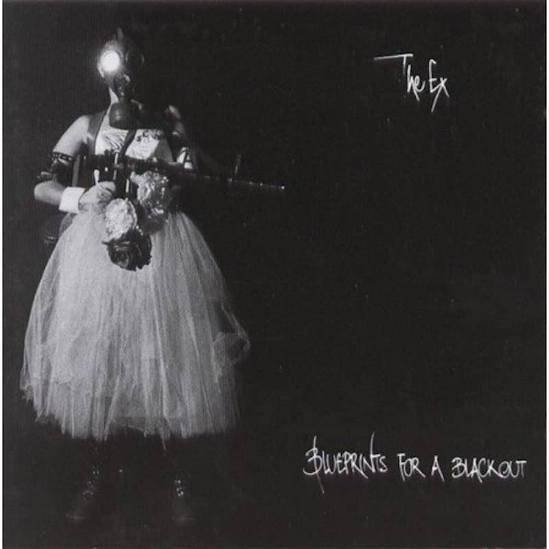 Black and white album cover featuring a figure in a gas mask and tutu.