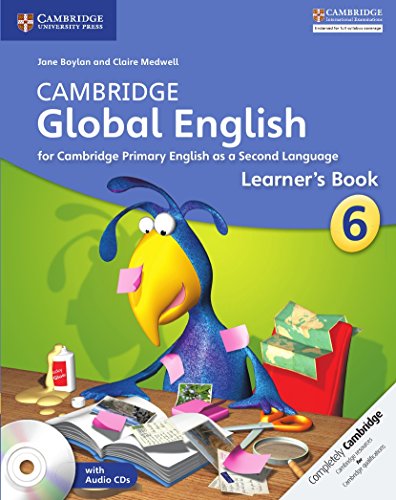 "Cambridge Global English Learner's Book 6 cover featuring a cartoon blue bird surrounded by papers."