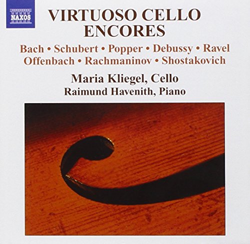CD cover for “Virtuoso Cello Encores” featuring a cello’s scroll.