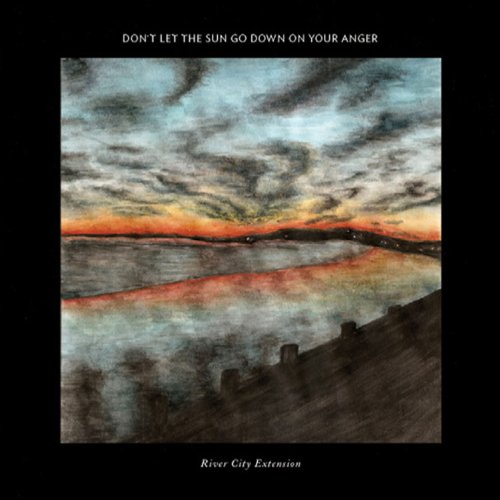 "Album cover with watercolor painting of a cloudy sunset over a body of water."