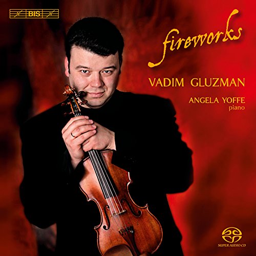 Vadim Gluzman holding a violin, album cover for "Fireworks" CD.
