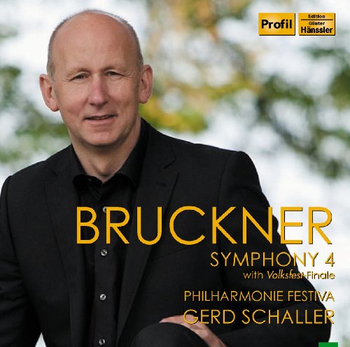 Bruckner CD cover featuring a man in a black suit with yellow text overlay.