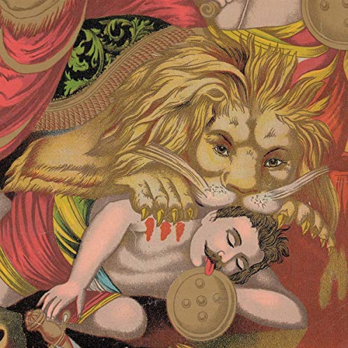 "CD cover art: illustration of a lion holding a man upside down."