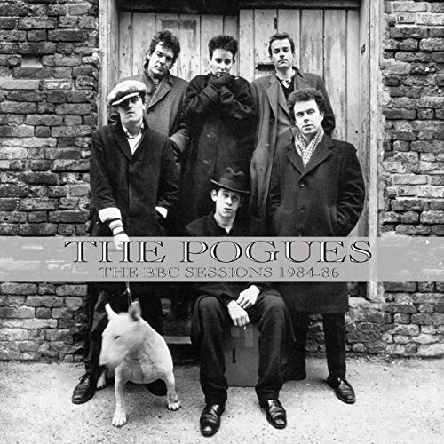 "Black and white album cover featuring six men and a dog."