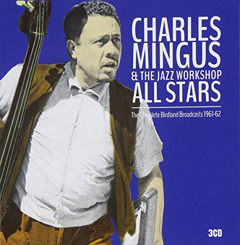 Charles Mingus portrait with upright bass, album cover for 3CD set.