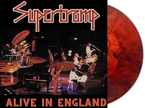 Supertramp "Alive In England" vinyl record cover and marbled red vinyl disc.