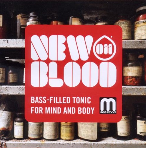 Red album cover with white text, featuring bottles on a shelf in the background.