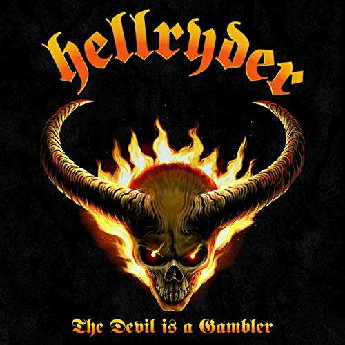 Hellryder album cover: flaming skull with horns, black background.