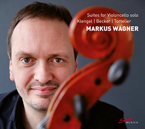 Markus Wagner portrait with cello scroll, album cover for solo cello suites.