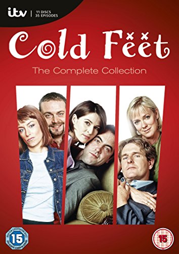 "Cold Feet DVD cover with red background and three couples in separate frames."