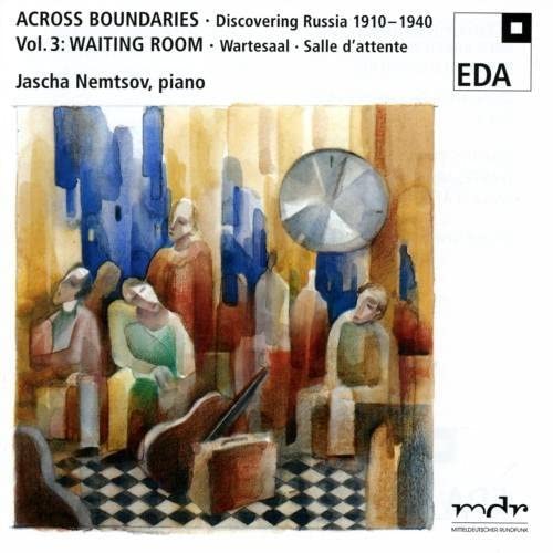 CD cover: abstract painting of people in a waiting room scene.