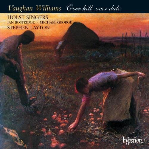 "CD cover art: two people harvesting in a field at sunset."