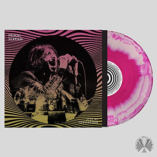 Primal Scream album cover and pink vinyl record with swirling design.