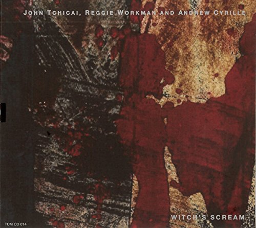 "Album cover with abstract red, black, and beige design, featuring artist names and title."
