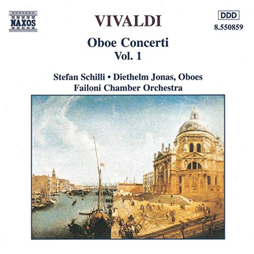CD cover for Vivaldi’s Oboe Concerti Vol. 1 with a Venice canal scene.