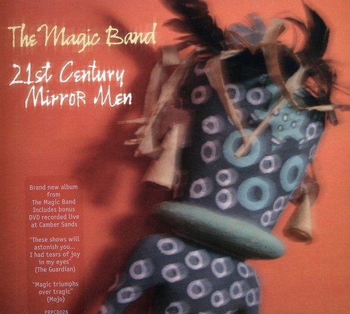 "Album cover featuring a blue patterned figure with feathers against an orange background."
