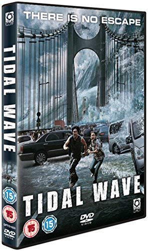 DVD cover for “Tidal Wave Haeundae” showing a large wave and fleeing people.