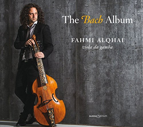 Fahmi Alqhai with a viola da gamba, album cover for Bach’s music.