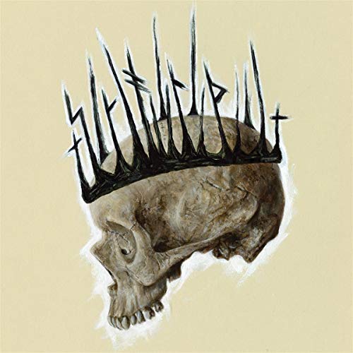 Skull wearing a black, spiky crown against a beige background.