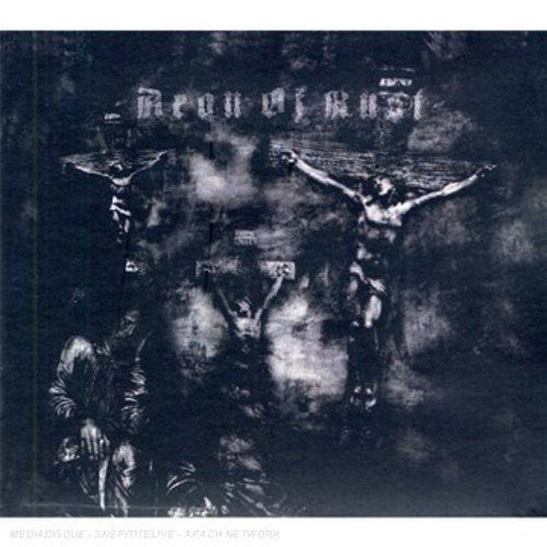 Dark album cover depicting figures on crosses in a smoky, textured scene.