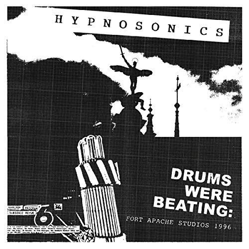 Black and white CD cover with abstract imagery of a drum kit and text.