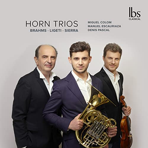 Three formally dressed musicians with a French horn and violin.